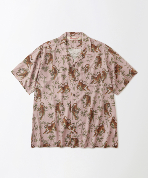 Hawaiian open collar half shirt BAMBOO TIGER_PINK