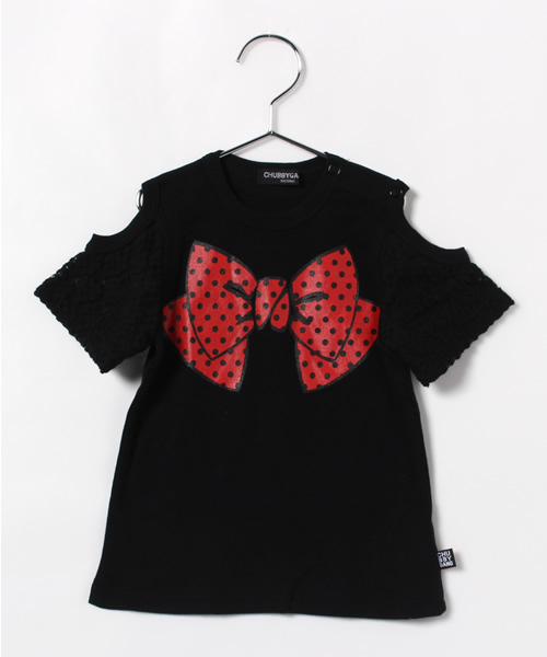 CHUBBYGANG（チャビーギャング）の「袖レース　リボンプリント5分袖Tシャツ（Tシャツ/カットソー・キッズ・ブラック/ホワイト・100/90/110/120/130）」の2枚目の写真
