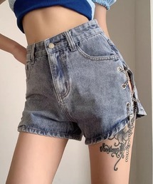 チェーンレースアップデニムショートパンツ