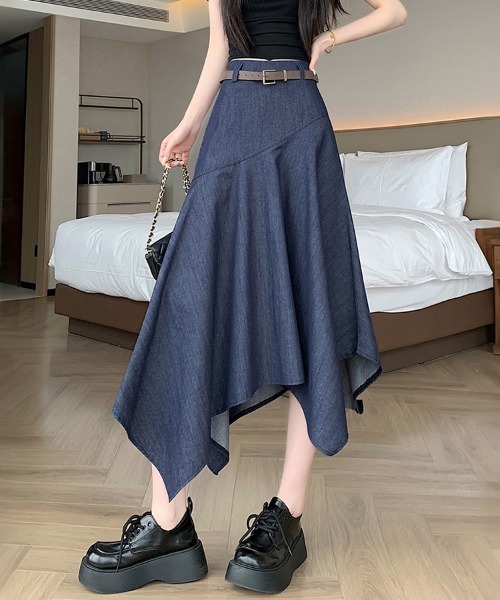 ONEP STAR（ワンピスター）の「アシンメトリーフレアスカート（スカート・レディース・ダークブルー/オフホワイト・SMALL/MEDIUM/LARGE/X-LARGE）」の5枚目の写真