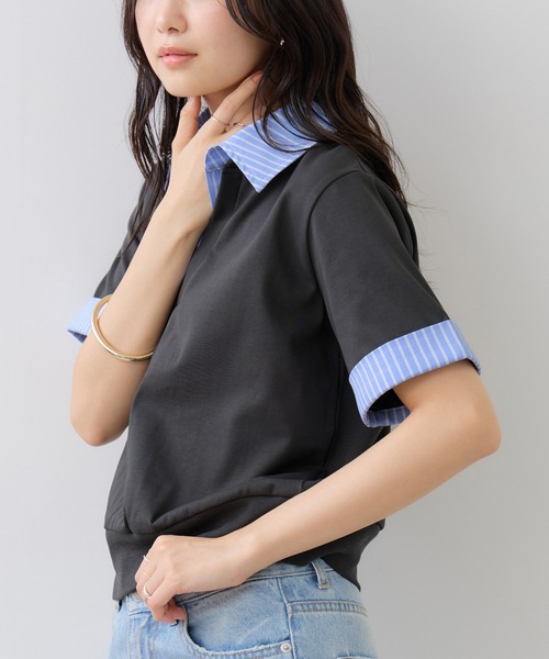 VIS(ビス)の「ICE BEAUTY ドッキング衿ハーフスリーブプルオーバー/UVケア・接触冷感・汗染み防止(Tシャツ/カットソー・レディース・チャコールグレー/オフホワイト/ライトグレー・FREE)」の2枚目の写真
