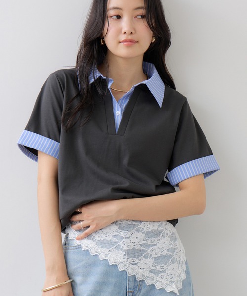 VIS(ビス)の「ICE BEAUTY ドッキング衿ハーフスリーブプルオーバー/UVケア・接触冷感・汗染み防止(Tシャツ/カットソー・レディース・チャコールグレー/オフホワイト/ライトグレー・FREE)」の10枚目の写真