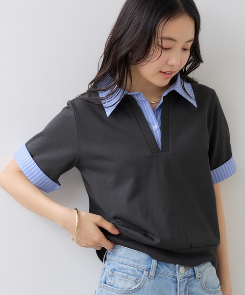 VIS(ビス)の「ICE BEAUTY ドッキング衿ハーフスリーブプルオーバー/UVケア・接触冷感・汗染み防止(Tシャツ/カットソー・レディース・チャコールグレー/オフホワイト/ライトグレー・FREE)」の11枚目の写真