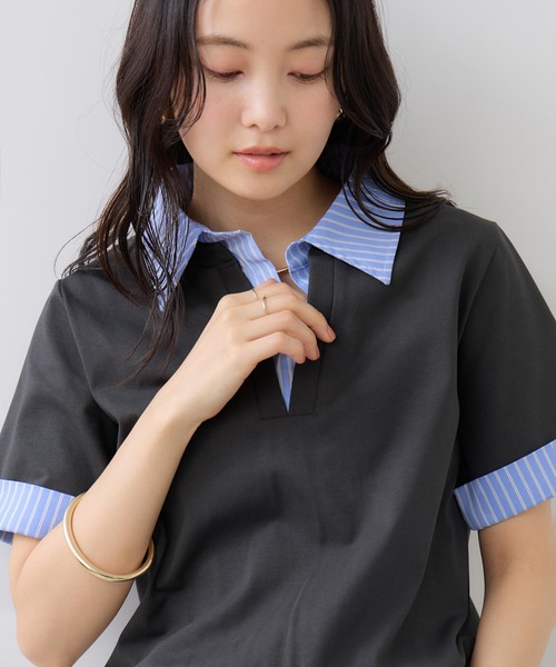 VIS(ビス)の「ICE BEAUTY ドッキング衿ハーフスリーブプルオーバー/UVケア・接触冷感・汗染み防止(Tシャツ/カットソー・レディース・チャコールグレー/オフホワイト/ライトグレー・FREE)」の9枚目の写真