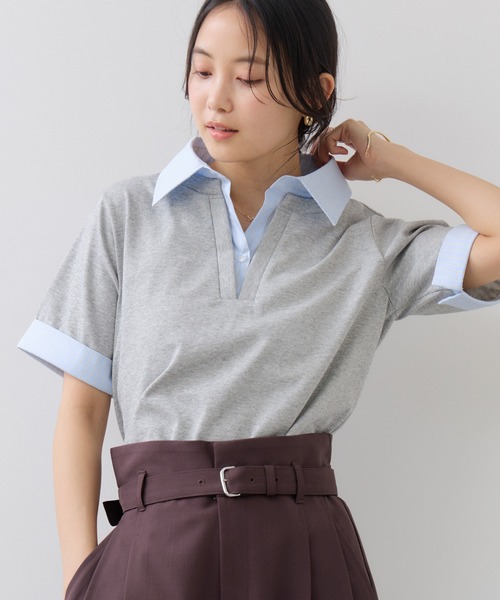 VIS(ビス)の「ICE BEAUTY ドッキング衿ハーフスリーブプルオーバー/UVケア・接触冷感・汗染み防止(Tシャツ/カットソー・レディース・チャコールグレー/オフホワイト/ライトグレー・FREE)」の15枚目の写真
