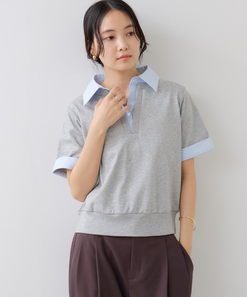 VIS(ビス)の「ICE BEAUTY ドッキング衿ハーフスリーブプルオーバー/UVケア・接触冷感・汗染み防止(Tシャツ/カットソー・レディース・チャコールグレー/オフホワイト/ライトグレー・FREE)」の14枚目の写真
