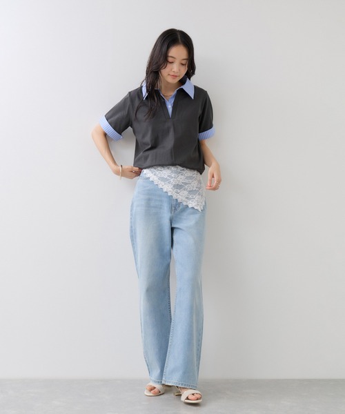VIS(ビス)の「ICE BEAUTY ドッキング衿ハーフスリーブプルオーバー/UVケア・接触冷感・汗染み防止(Tシャツ/カットソー・レディース・チャコールグレー/オフホワイト/ライトグレー・FREE)」の13枚目の写真