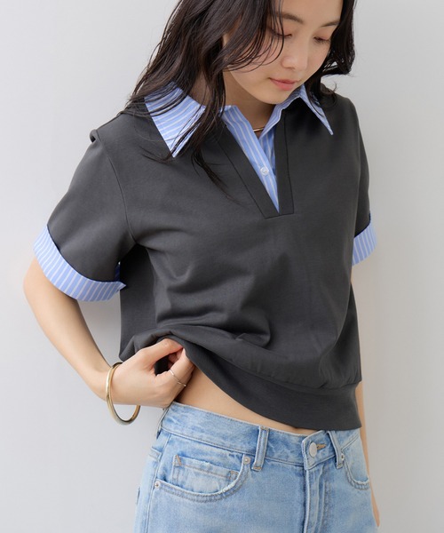 VIS(ビス)の「ICE BEAUTY ドッキング衿ハーフスリーブプルオーバー/UVケア・接触冷感・汗染み防止(Tシャツ/カットソー・レディース・チャコールグレー/オフホワイト/ライトグレー・FREE)」の8枚目の写真