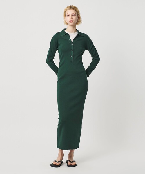 H BEAUTY&YOUTH UNITED ARROWS(エイチビューティーアンドユースユナイテッドアローズ)の「<H>リブ ポロカラー ニットワンピース(ワンピース・レディース・ダークグリーン・FREE)」の1枚目の写真