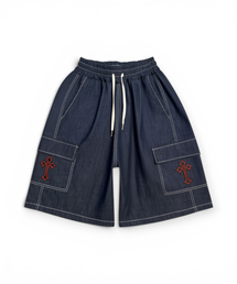 BORN SLIPPY（ボーンスリッピー）の「Blood Cross Stitch Cargo Bermuda Shorts (Deep Blue)（その他パンツ）」