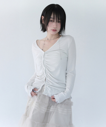 ASYMMETRIC SHIRRING LACE CARDIGAN DUSTY WHITE