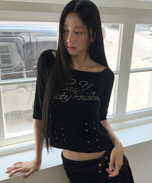 ホットフィックスアイレットボートネックTシャツ ブラック