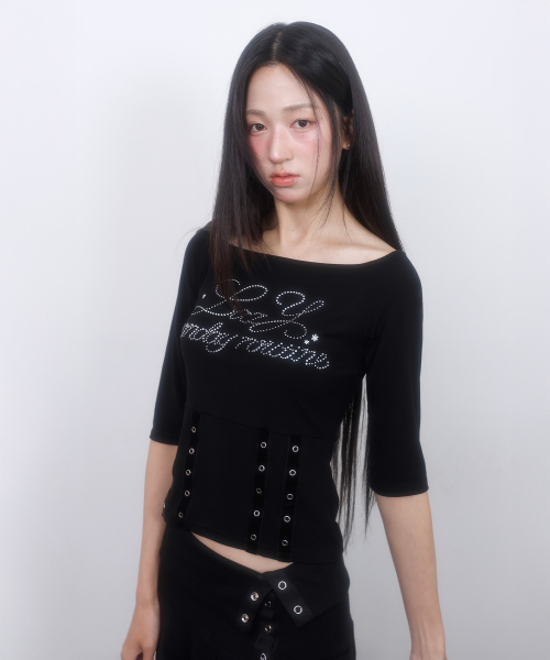 LMR(エルエムアール)の「ホットフィックスアイレットボートネックTシャツ ブラック(Tシャツ/カットソー・レディース・ブラック・SMALL/MEDIUM)」の3枚目の写真