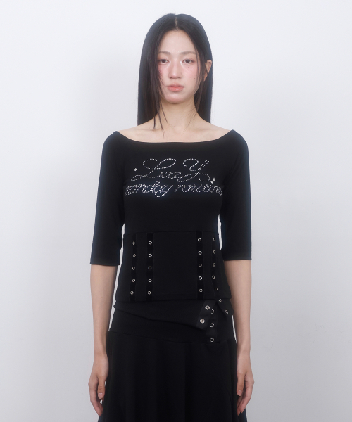 LMR(エルエムアール)の「ホットフィックスアイレットボートネックTシャツ ブラック(Tシャツ/カットソー・レディース・ブラック・SMALL/MEDIUM)」の6枚目の写真