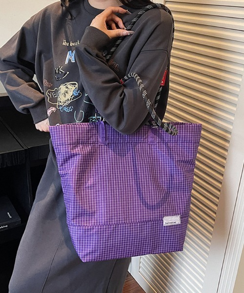 COCOMOMO（ココモモ）の「ロープハンドルトートバッグ ロープバッグ ロープハンドル バッグ トートバッグ 2way ハンドバッグ ショルダーバッグ グリッド柄 大容量（トートバッグ・レディース・ダークグレー/グリーン/ブラック/ブラウン/パープル・FREE）」の17枚目の写真