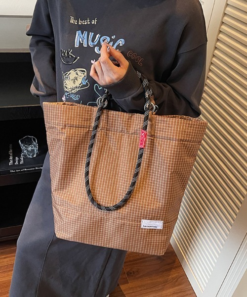COCOMOMO（ココモモ）の「ロープハンドルトートバッグ ロープバッグ ロープハンドル バッグ トートバッグ 2way ハンドバッグ ショルダーバッグ グリッド柄 大容量（トートバッグ・レディース・ダークグレー/グリーン/ブラック/ブラウン/パープル・FREE）」の14枚目の写真