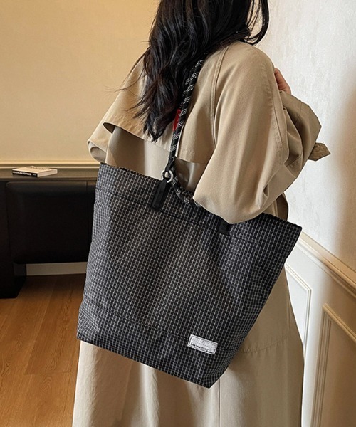 COCOMOMO（ココモモ）の「ロープハンドルトートバッグ ロープバッグ ロープハンドル バッグ トートバッグ 2way ハンドバッグ ショルダーバッグ グリッド柄 大容量（トートバッグ・レディース・ダークグレー/グリーン/ブラック/ブラウン/パープル・FREE）」の8枚目の写真