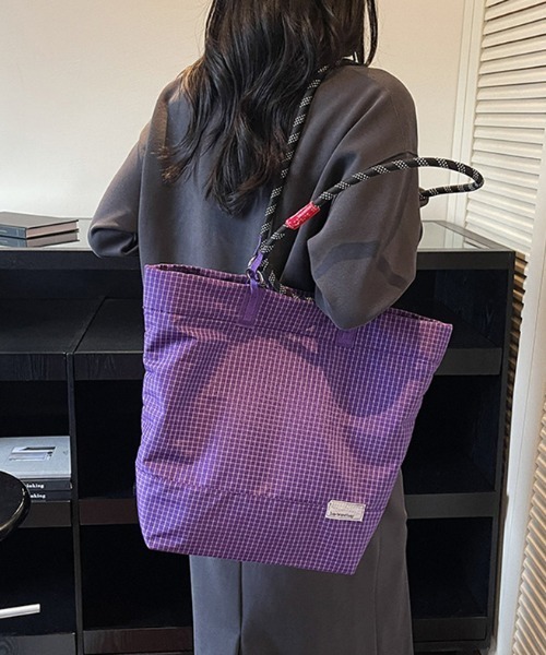 COCOMOMO（ココモモ）の「ロープハンドルトートバッグ ロープバッグ ロープハンドル バッグ トートバッグ 2way ハンドバッグ ショルダーバッグ グリッド柄 大容量（トートバッグ・レディース・ダークグレー/グリーン/ブラック/ブラウン/パープル・FREE）」の7枚目の写真