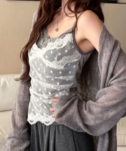 FLINEA(フリネア)の「ドット柄レースフェイクレイヤードキャミソールカップ付き(キャミソール・レディース・グレー/ベージュ/ブラック・FREE)」の8枚目の写真