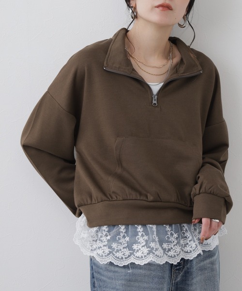 atONE(アットワン)の「ダブルフェイスハーフジップショート丈スウェットトップス(スウェット・レディース・ブラウン系その他4/杢グレー・M)」の2枚目の写真