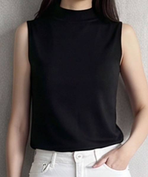LOWO(ロワ)の「【M~Lサイズ展開】モックネックノースリーブカットソー(Tシャツ/カットソー・レディース・チャコールグレー/バーガンディー/ブラウン/ネイビー/ボルドー/ブラック/ライトグレー/グレー/ホワイト/グレイッシュベージュ/アイボリー/カーキ・L/M)」の3枚目の写真