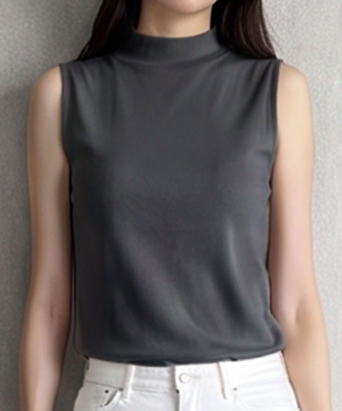 LOWO(ロワ)の「【M~Lサイズ展開】モックネックノースリーブカットソー(Tシャツ/カットソー・レディース・チャコールグレー/バーガンディー/ブラウン/ネイビー/ボルドー/ブラック/ライトグレー/グレー/ホワイト/グレイッシュベージュ/アイボリー/カーキ・L/M)」の16枚目の写真