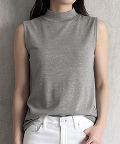 LOWO(ロワ)の「【M~Lサイズ展開】モックネックノースリーブカットソー(Tシャツ/カットソー・レディース・チャコールグレー/バーガンディー/ブラウン/ネイビー/ボルドー/ブラック/ライトグレー/グレー/ホワイト/グレイッシュベージュ/アイボリー/カーキ・L/M)」の21枚目の写真