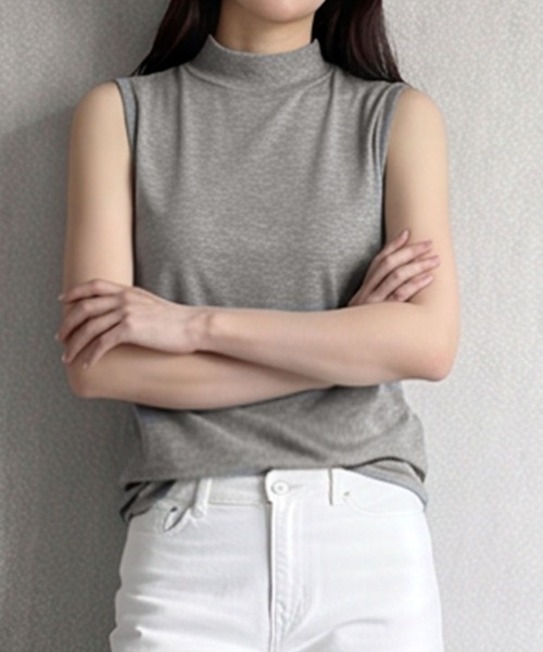 LOWO(ロワ)の「【M~Lサイズ展開】モックネックノースリーブカットソー(Tシャツ/カットソー・レディース・チャコールグレー/バーガンディー/ブラウン/ネイビー/ボルドー/ブラック/ライトグレー/グレー/ホワイト/グレイッシュベージュ/アイボリー/カーキ・L/M)」の22枚目の写真