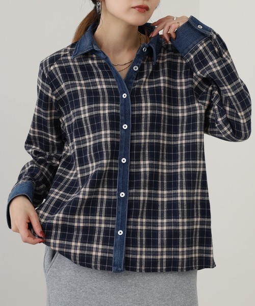 EGLANTINE（エグランティーヌ）の「EGLANTINE デニム切替チェックブラウス 長袖（シャツ/ブラウス・レディース・ネイビー/グレー・38）」の12枚目の写真