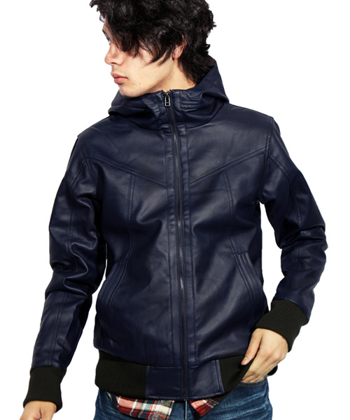 ８(eight)（エイト）の「PUレザー ライダースジャケット フード付き パーカー（ライダースジャケット・メンズ・ダークブルー/ブラウン/キャメル/ブラック/ワイン/ネイビー/グレー/カーキ・LARGE/X-LARGE/SMALL/MEDIUM）」の6枚目の写真