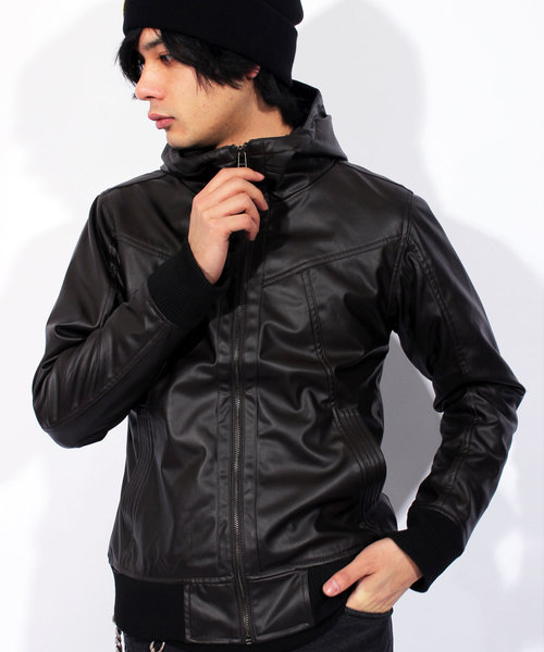８(eight)（エイト）の「PUレザー ライダースジャケット フード付き パーカー（ライダースジャケット・メンズ・ダークブルー/ブラウン/キャメル/ブラック/ワイン/ネイビー/グレー/カーキ・LARGE/X-LARGE/SMALL/MEDIUM）」の4枚目の写真