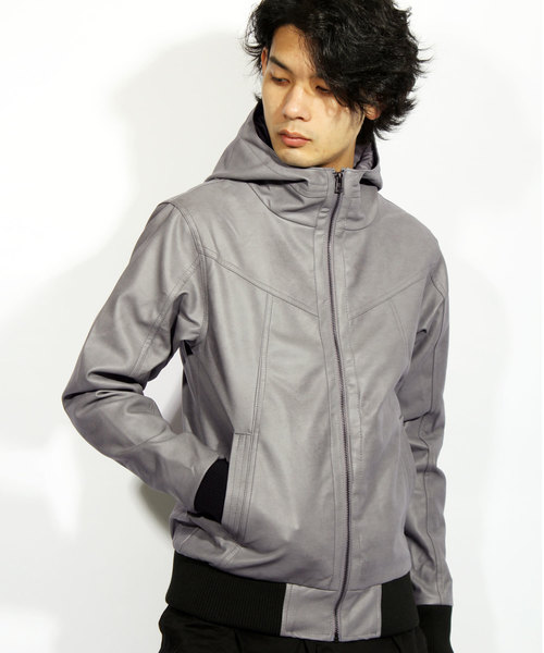 ８(eight)（エイト）の「PUレザー ライダースジャケット フード付き パーカー（ライダースジャケット・メンズ・ダークブルー/ブラウン/キャメル/ブラック/ワイン/ネイビー/グレー/カーキ・LARGE/X-LARGE/SMALL/MEDIUM）」の3枚目の写真