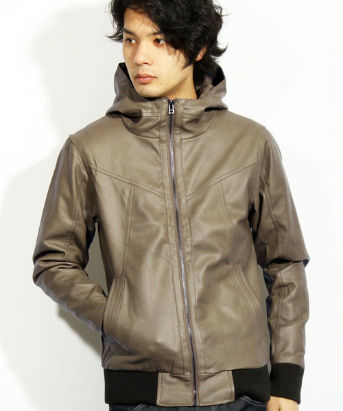 ８(eight)（エイト）の「PUレザー ライダースジャケット フード付き パーカー（ライダースジャケット・メンズ・ダークブルー/ブラウン/キャメル/ブラック/ワイン/ネイビー/グレー/カーキ・LARGE/X-LARGE/SMALL/MEDIUM）」の5枚目の写真