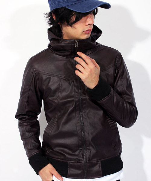 ８(eight)（エイト）の「PUレザー ライダースジャケット フード付き パーカー（ライダースジャケット・メンズ・ダークブルー/ブラウン/キャメル/ブラック/ワイン/ネイビー/グレー/カーキ・LARGE/X-LARGE/SMALL/MEDIUM）」の8枚目の写真