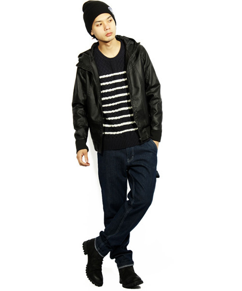 ８(eight)（エイト）の「PUレザー ライダースジャケット フード付き パーカー（ライダースジャケット・メンズ・ダークブルー/ブラウン/キャメル/ブラック/ワイン/ネイビー/グレー/カーキ・LARGE/X-LARGE/SMALL/MEDIUM）」の20枚目の写真