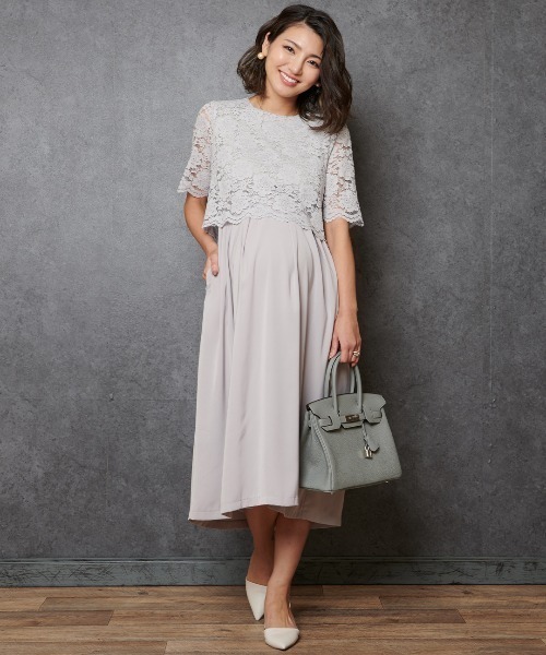 SweetMommy（スウィートマミー）の「総レース クラシック ロングドレス　［マタニティ　産前産後］（マタニティウェア/グッズ・レディース・ネイビー/グレー/ミント/ピンクベージュ/グレー系その他/ブルー系その他/ブラック/ライトブルー/ネイビー系・M/L）」の4枚目の写真