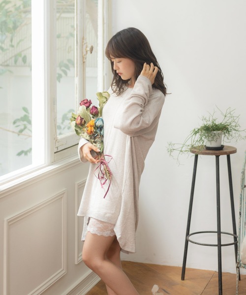 Dita（ディータ）の「ゆるてろカチオン素材チュニックワンピースルームウェア パジャマ（ルームワンピース・レディース・アイボリー/ナチュラル/サックスブルー/ブラック/アッシュブラウン/オリーブ/ブルーグレー/ラベンダー・L/M）」の6枚目の写真