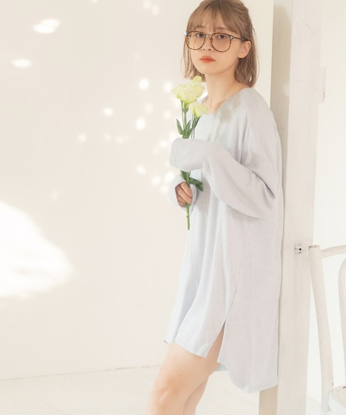 Dita（ディータ）の「ゆるてろカチオン素材チュニックワンピースルームウェア パジャマ（ルームワンピース・レディース・アイボリー/ナチュラル/サックスブルー/ブラック/アッシュブラウン/オリーブ/ブルーグレー/ラベンダー・L/M）」の7枚目の写真