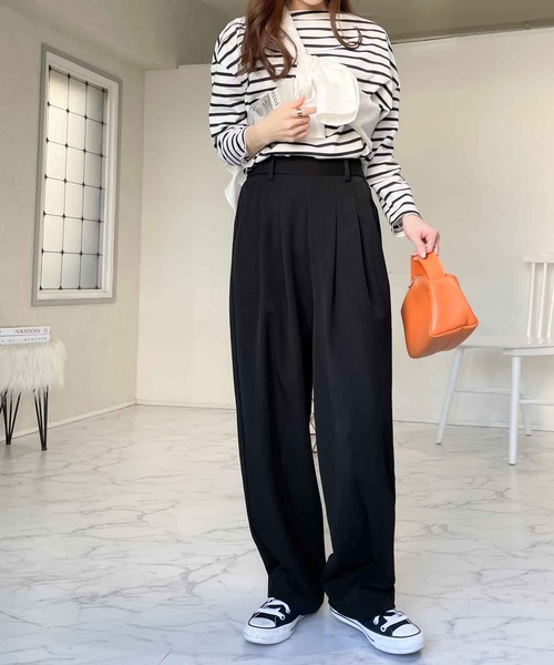 セール】大人の美人魅せ。杢調ダーツ入りハイウエストセミワイドパンツ