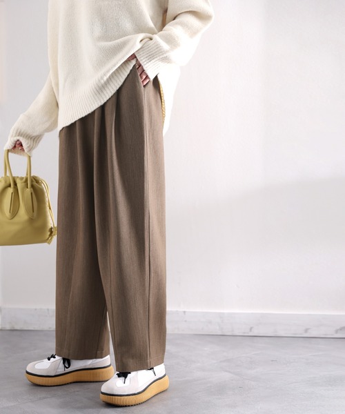 セール】大人の美人魅せ。杢調ダーツ入りハイウエストセミワイドパンツ