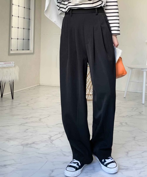 えみおわす　ダーツパンツ　黒 セール】大人の美人魅せ。杢調ダーツ入りハイウエストセミワイドパンツ