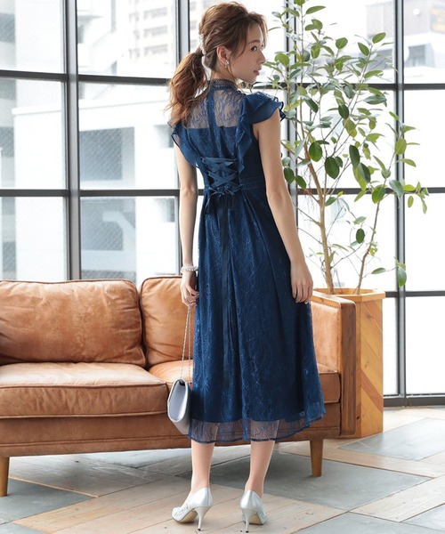 reja ドレス　ブルー ガール GIRL パールベルト付きカシュクール風レース切替ロング