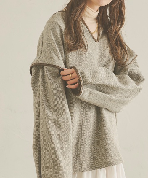 Ambre Neige(アンブルネージュ)の「ヘリンボーンワイドプルオーバー/【WEB/EC限定商品】(Tシャツ/カットソー・レディース・ベージュ/モカ・FREE)」の1枚目の写真