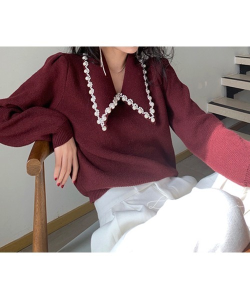 MAISON DE THERESE(メゾン ド テレーズ)の「襟パール付け ニットトップス(ニット/セーター・レディース・ワイン/ブラック/アイボリー・FREE)」の3枚目の写真
