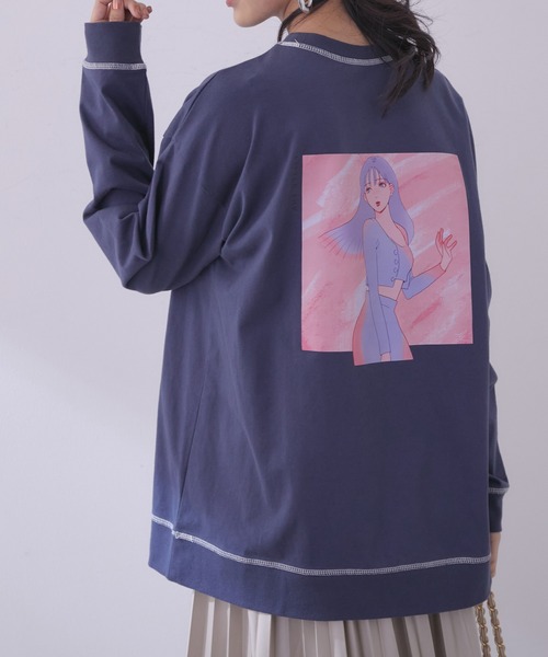 vis-`a-vis(ビサビ)の「【WEB限定】【コラボ】ミチ&藍にいなイラストステッチ配色ロングTシャツ(Tシャツ/カットソー・レディース・ホワイト/ブラウン系その他3/ネイビー・FREE)」の3枚目の写真