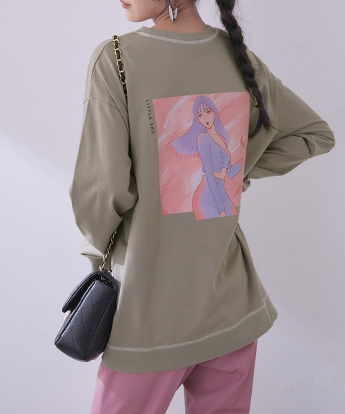 vis-`a-vis(ビサビ)の「【WEB限定】【コラボ】ミチ&藍にいなイラストステッチ配色ロングTシャツ(Tシャツ/カットソー・レディース・ホワイト/ブラウン系その他3/ネイビー・FREE)」の2枚目の写真