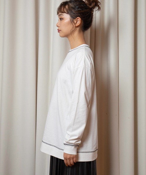 vis-`a-vis(ビサビ)の「【WEB限定】【コラボ】ミチ&藍にいなイラストステッチ配色ロングTシャツ(Tシャツ/カットソー・レディース・ホワイト/ブラウン系その他3/ネイビー・FREE)」の13枚目の写真