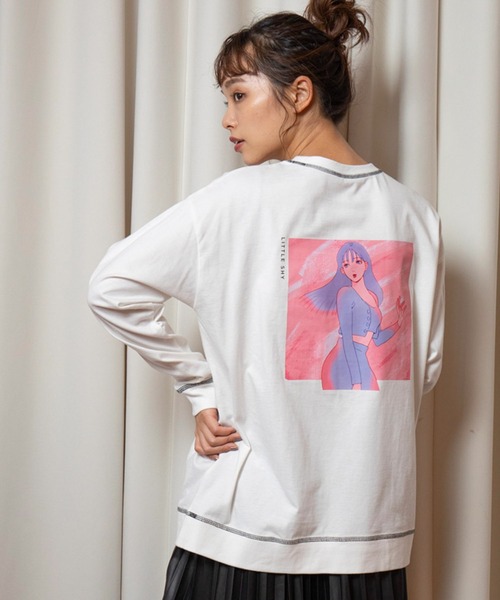 vis-`a-vis(ビサビ)の「【WEB限定】【コラボ】ミチ&藍にいなイラストステッチ配色ロングTシャツ(Tシャツ/カットソー・レディース・ホワイト/ブラウン系その他3/ネイビー・FREE)」の21枚目の写真