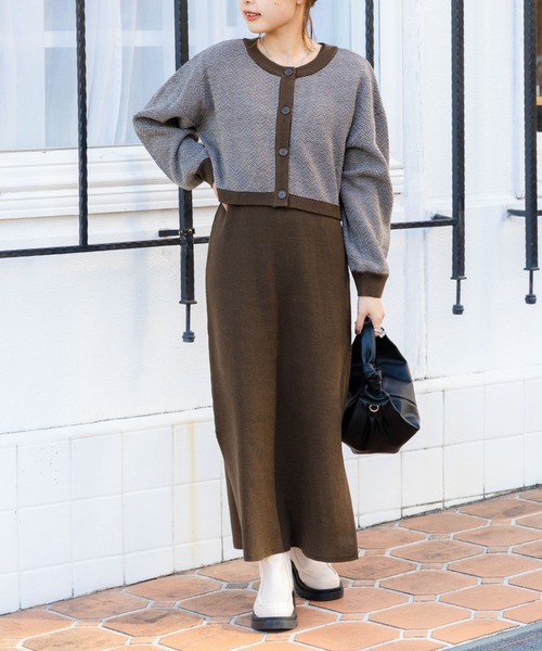 archives(アルシーヴ)の「前後2WAYヘリンボーンカーディガン+リブニットワンピース(ワンピース・レディース・ブラック/ブラウン/ベージュ・MEDIUM)」の3枚目の写真