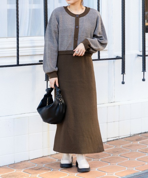 archives(アルシーヴ)の「前後2WAYヘリンボーンカーディガン+リブニットワンピース(ワンピース・レディース・ブラック/ブラウン/ベージュ・MEDIUM)」の11枚目の写真